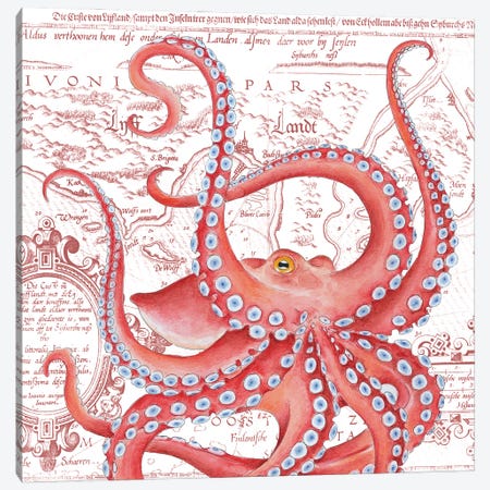 Red Octopus Dance Vintage Map Canvas Print #SSI101} by Seven Sirens Studios Canvas Print