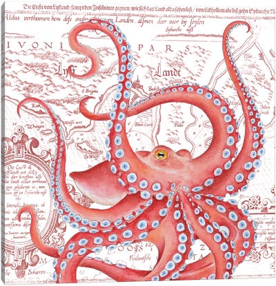 Red Octopus Dance Vintage Map Canvas Art Print - Octopus Art