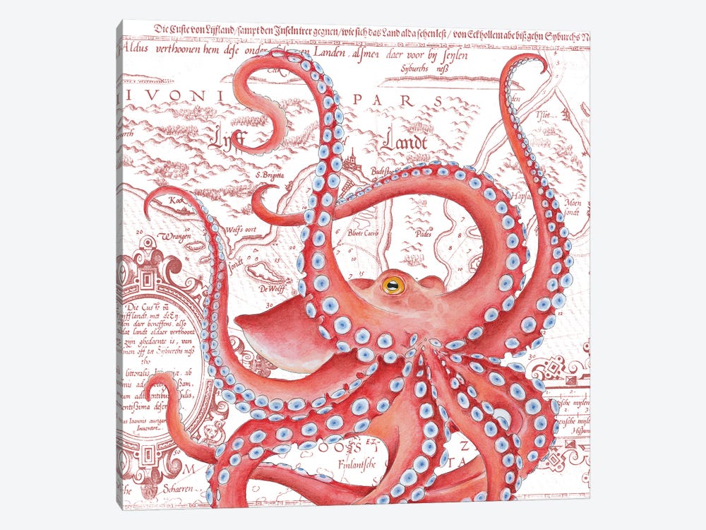Red Octopus Dance Vintage Map by Seven Sirens Studios 1-piece Canvas Wall Art