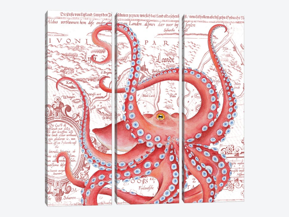 Red Octopus Dance Vintage Map by Seven Sirens Studios 3-piece Canvas Artwork