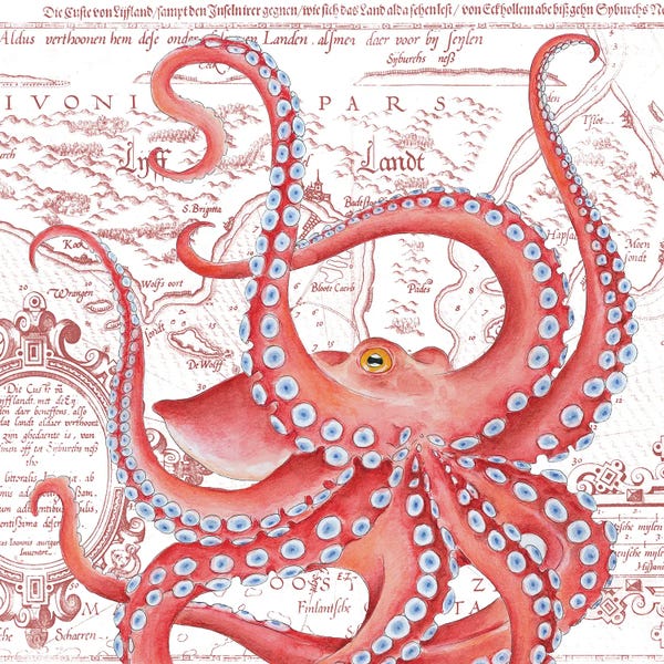 Seven Sirens Studios: Red Octopus Dance Vintage Map by Seven Sirens Studios