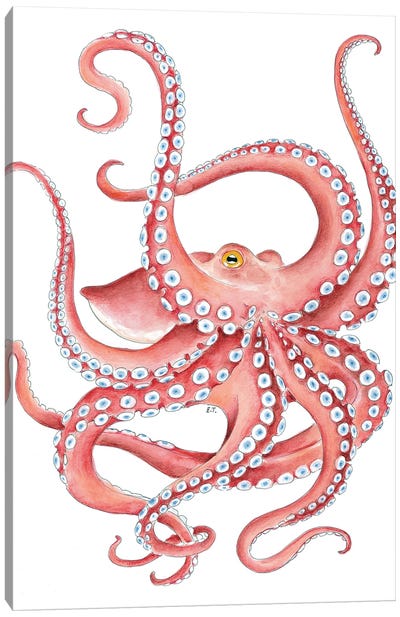 Red Octopus Dance Watercolor Art Canvas Art Print - Seven Sirens Studios