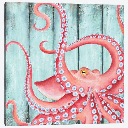 Red Octopus Teal Wood Shabby Chic Canvas Print #SSI103} by Seven Sirens Studios Art Print