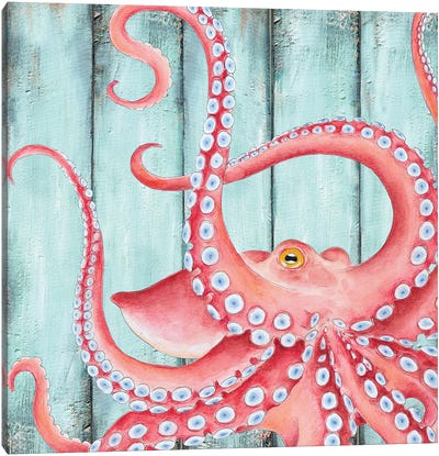 Red Octopus Teal Wood Shabby Chic Canvas Art Print - Seven Sirens Studios