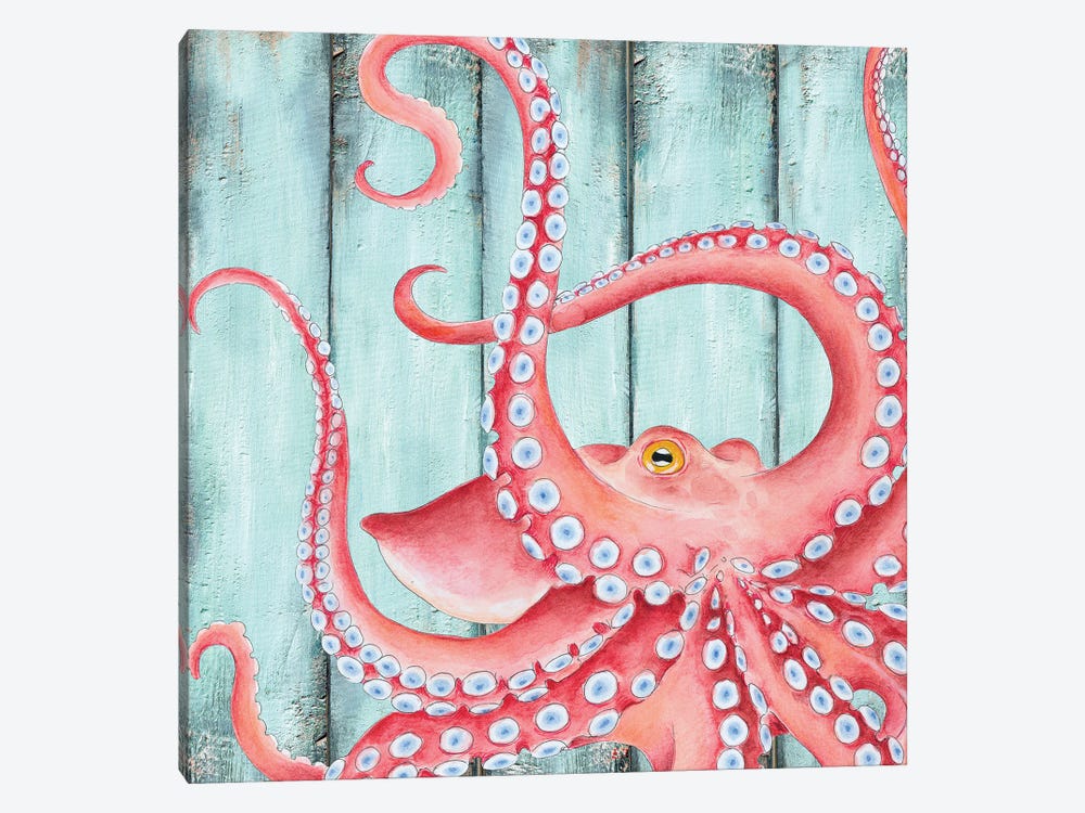 Red Octopus Teal Wood Shabby Chic by Seven Sirens Studios 1-piece Canvas Wall Art