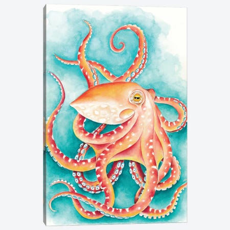 Orange Red Octopus Teal Watercolor Art Canvas Print #SSI104} by Seven Sirens Studios Canvas Artwork