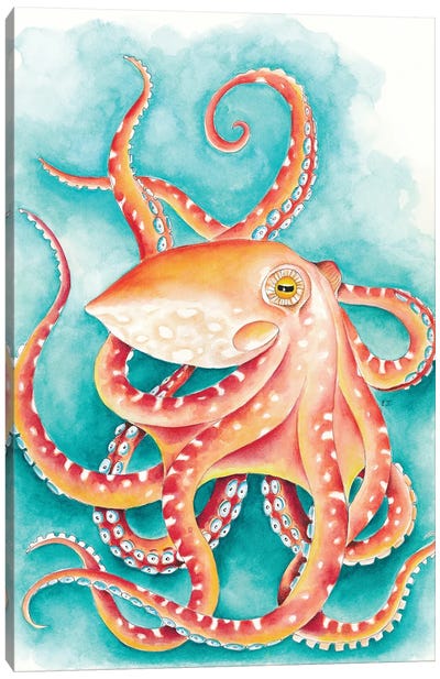 Orange Red Octopus Teal Watercolor Art Canvas Art Print - Octopus Art