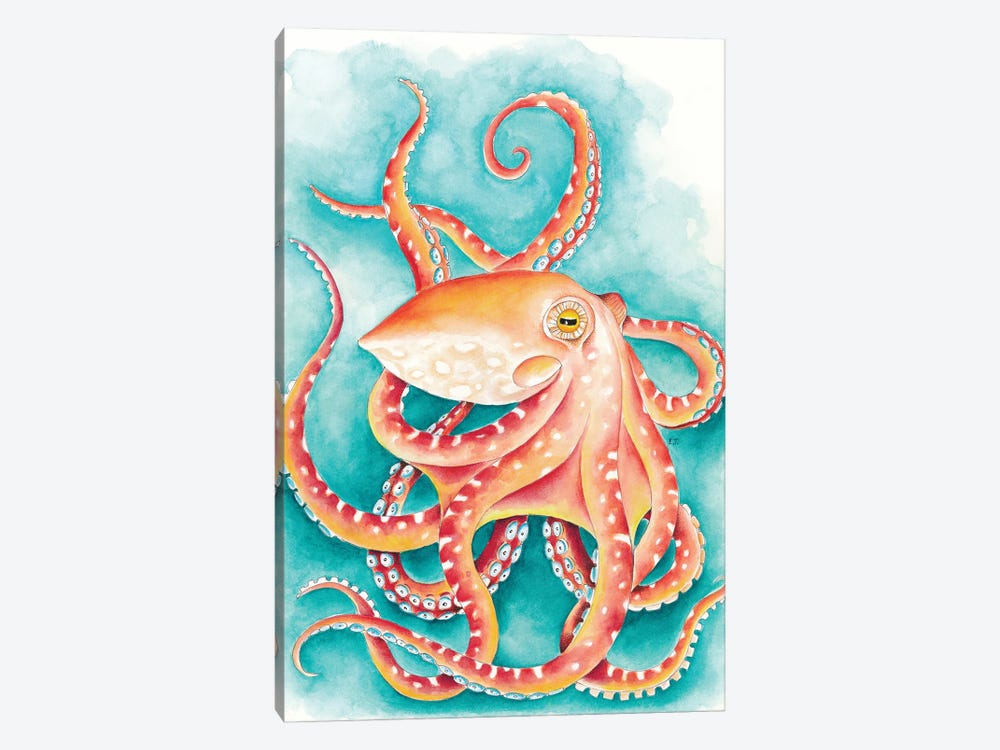 Orange Red Octopus Teal Watercolor Art by Seven Sirens Studios 1-piece Art Print