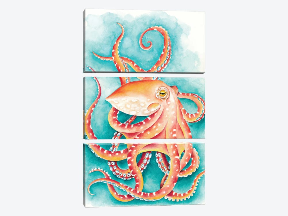 Orange Red Octopus Teal Watercolor Art by Seven Sirens Studios 3-piece Art Print