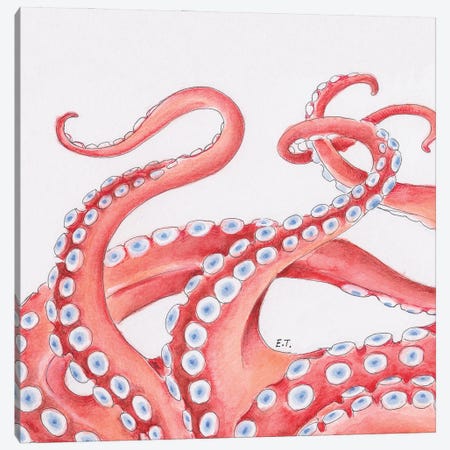 Red Tentacles On White Watercolor Art Canvas Print #SSI105} by Seven Sirens Studios Canvas Artwork