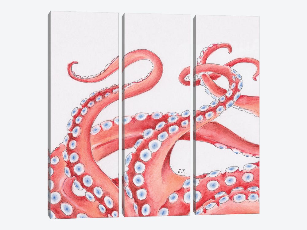 Red Tentacles On White Watercolor Art by Seven Sirens Studios 3-piece Canvas Wall Art