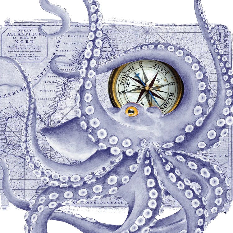 Purple Octopus Vintage Map Compass