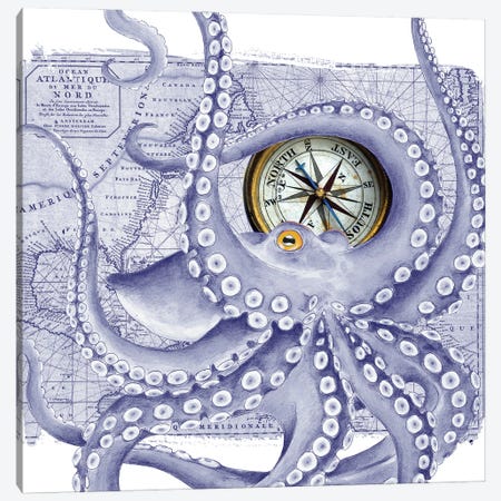 Purple Octopus Vintage Map Compass Canvas Print #SSI106} by Seven Sirens Studios Canvas Art