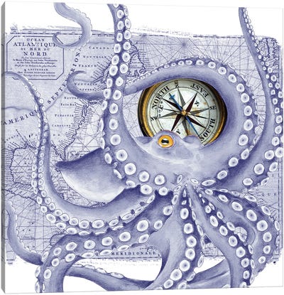 Purple Octopus Vintage Map Compass Canvas Art Print - Octopus Art
