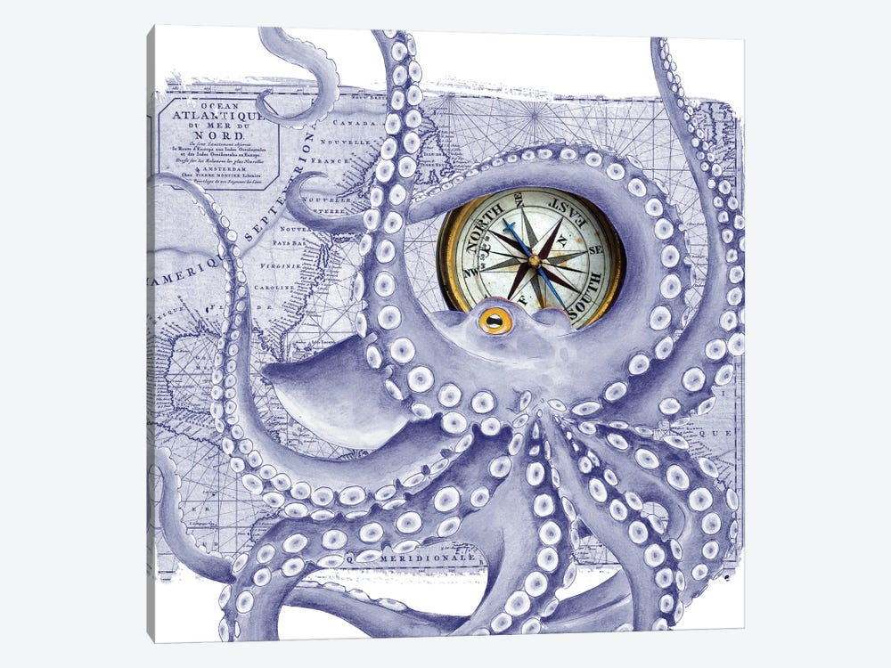 Purple Octopus Vintage Map Compass by Seven Sirens Studios 1-piece Art Print