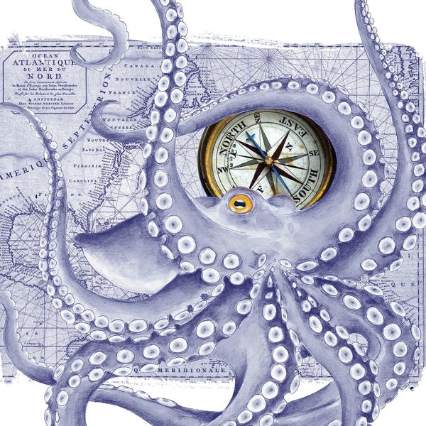 Seven Sirens Studios: Purple Octopus Vintage Map Compass by Seven Sirens Studios