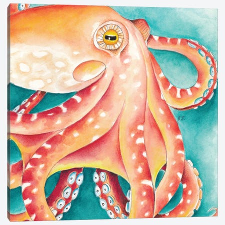 Orange Red Teal Octopus Watercolor Art Canvas Print #SSI107} by Seven Sirens Studios Canvas Wall Art