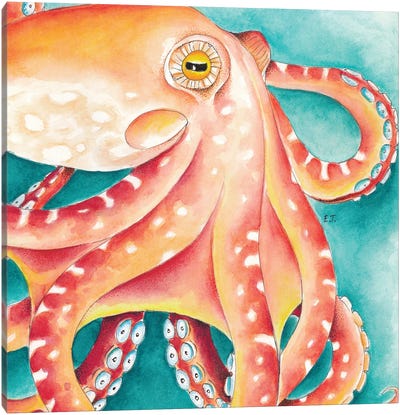 Orange Red Teal Octopus Watercolor Art Canvas Art Print - Seven Sirens Studios