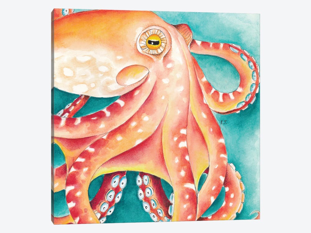 Orange Red Teal Octopus Watercolor Art by Seven Sirens Studios 1-piece Canvas Wall Art