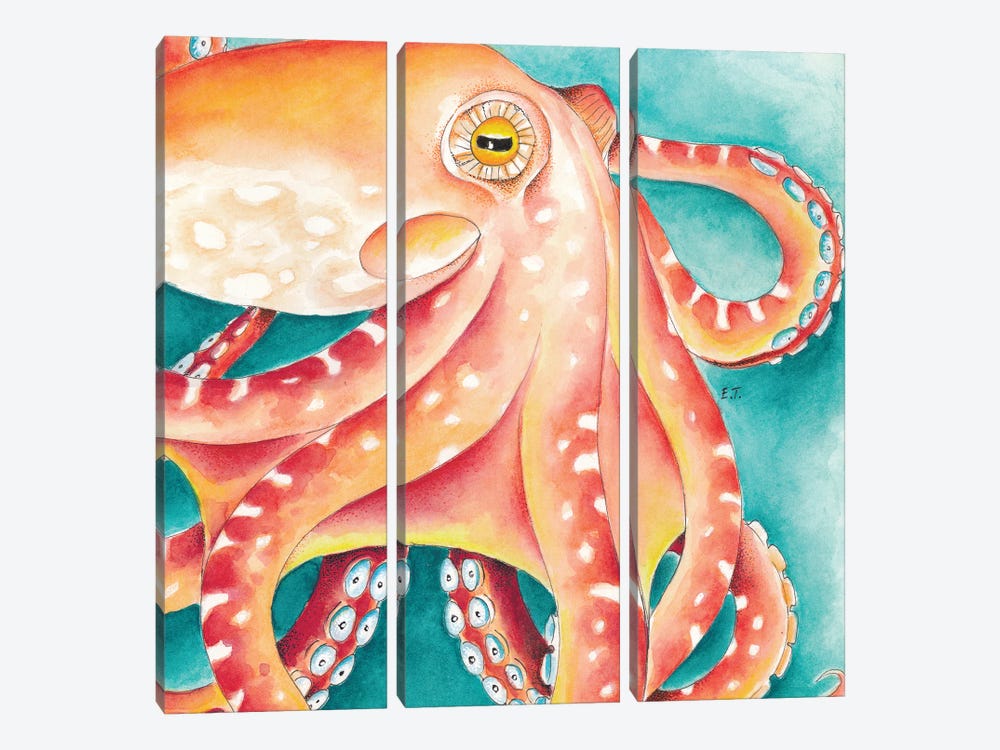 Orange Red Teal Octopus Watercolor Art by Seven Sirens Studios 3-piece Canvas Wall Art