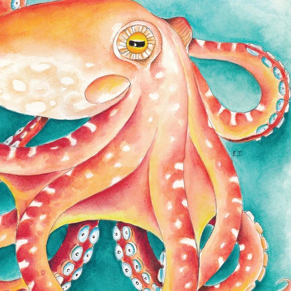 Orange Red Teal Octopus Watercolor Art