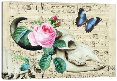 Cow Sugar Skull Floral Music Canvas Art Print - Musical Notes Art