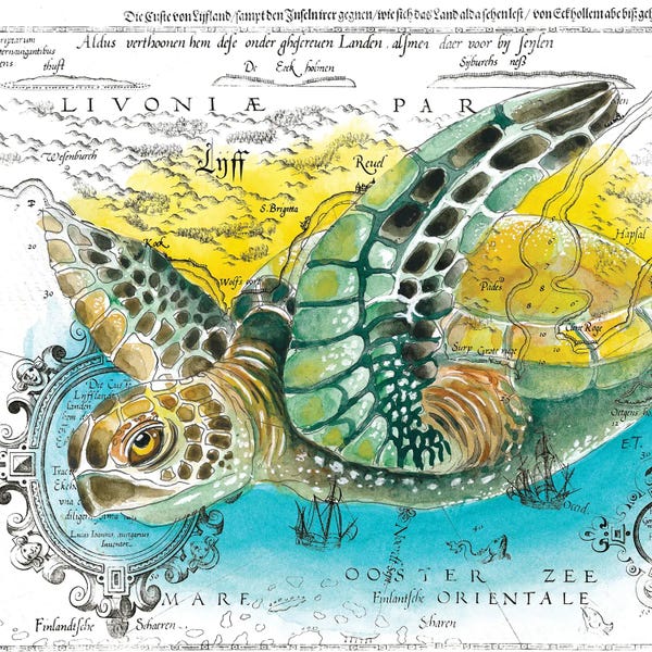 Kids Map Art: Sea Turtle Vintage Map Watercolor by Seven Sirens Studios