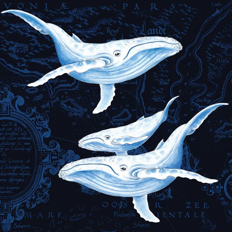 Blue Whales Family Vintage Map Indigo