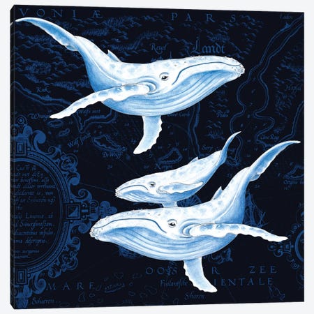 Blue Whales Family Vintage Map Indigo Canvas Print #SSI10} by Seven Sirens Studios Canvas Art