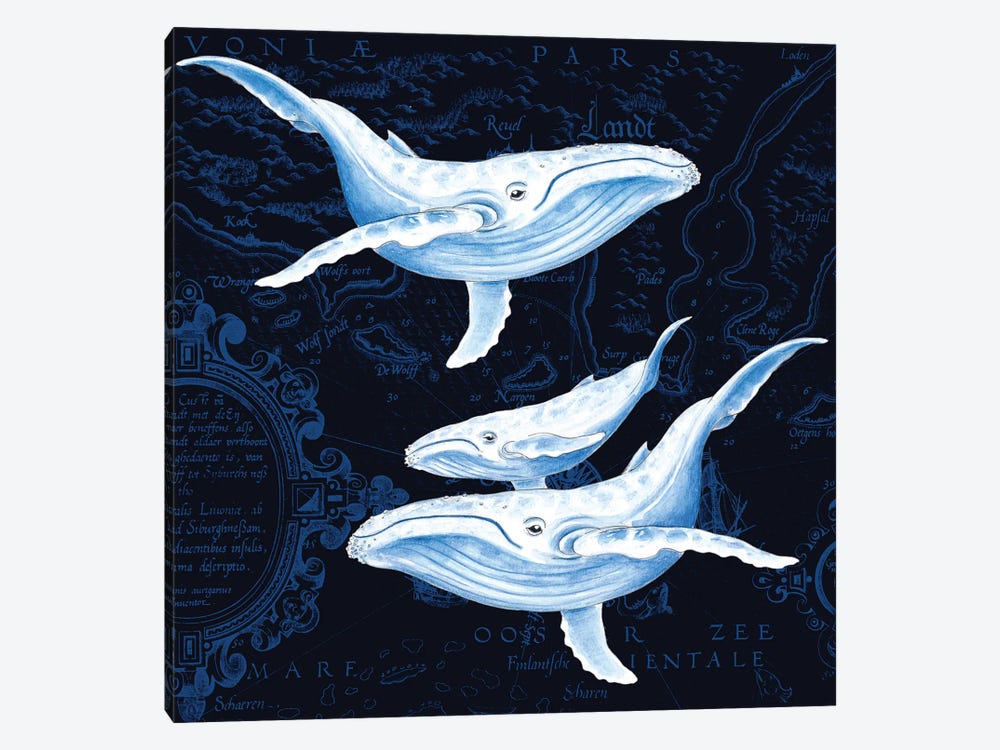 Blue Whales Family Vintage Map Indigo by Seven Sirens Studios 1-piece Canvas Print