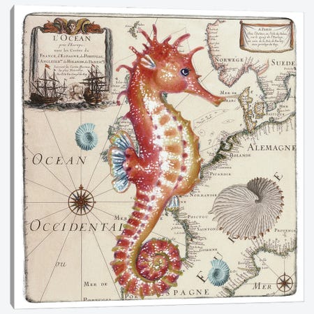 Red Seahorse Vintage Nautical Map Canvas Print #SSI111} by Seven Sirens Studios Canvas Wall Art