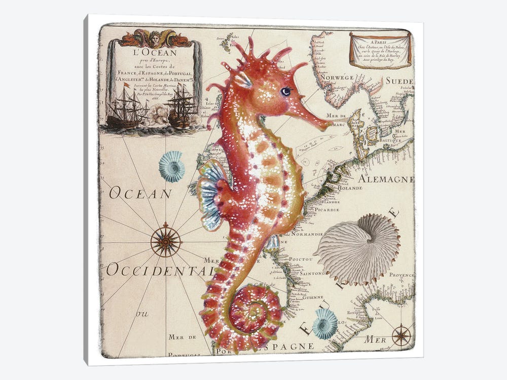 Red Seahorse Vintage Nautical Map by Seven Sirens Studios 1-piece Canvas Art Print