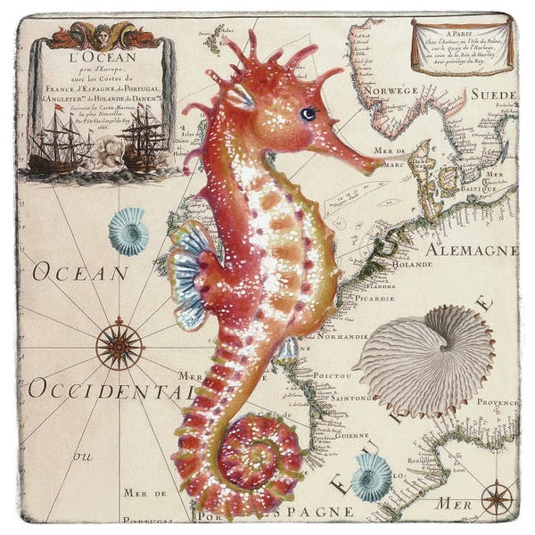 Seven Sirens Studios: Red Seahorse Vintage Nautical Map by Seven Sirens Studios