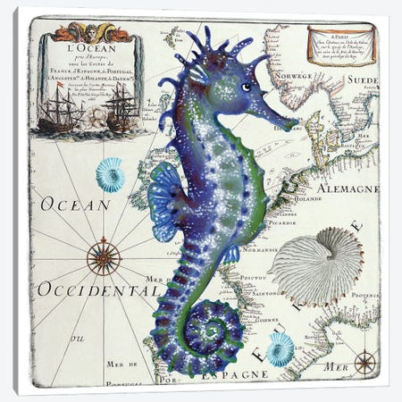 Blue Seahorse Vintage Nautical Map Canvas Print #SSI112} by Seven Sirens Studios Canvas Wall Art
