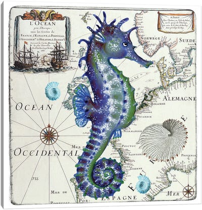 Blue Seahorse Vintage Nautical Map Canvas Art Print - Vintage Maps