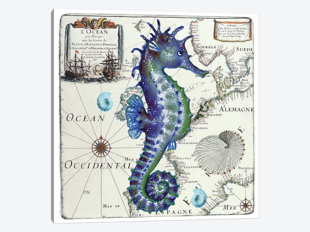 Blue Seahorse Vintage Nautical Map by Seven Sirens Studios 1-piece Canvas Art