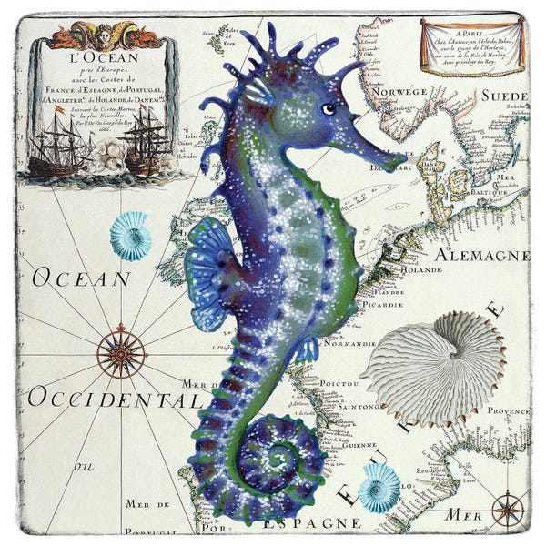 Cottagecore Goes Coastal: Blue Seahorse Vintage Nautical Map by Seven Sirens Studios