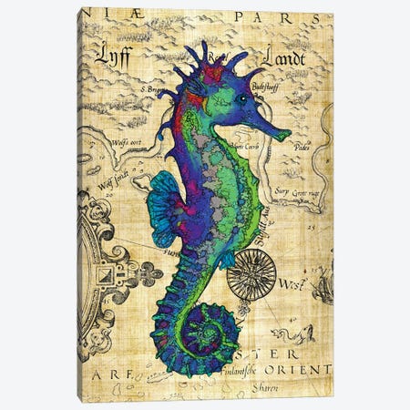 Blue Green Seahorse Vintage Papyrus Map Canvas Print #SSI113} by Seven Sirens Studios Canvas Art