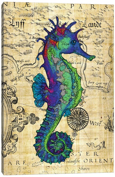 Blue Green Seahorse Vintage Papyrus Map Canvas Art Print - Seahorse Art
