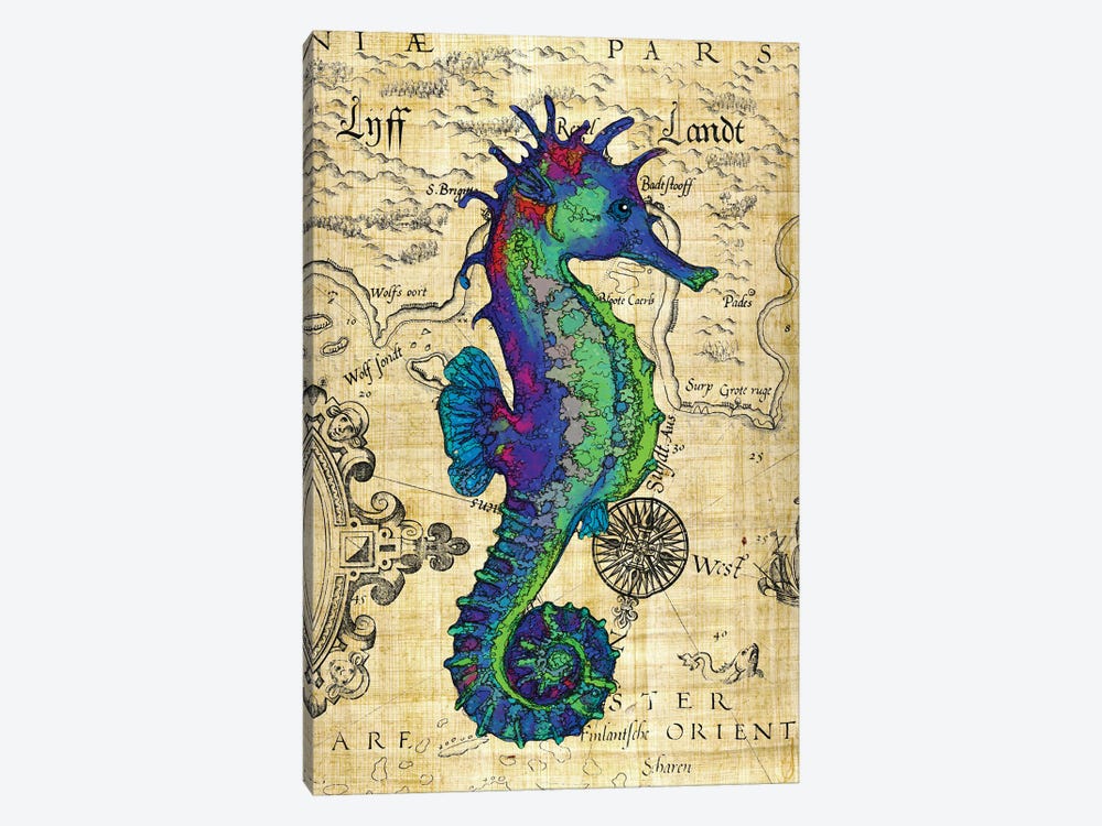 Blue Green Seahorse Vintage Papyrus Map by Seven Sirens Studios 1-piece Art Print