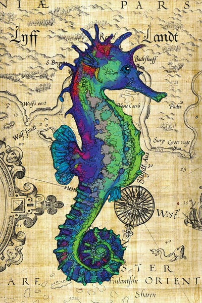 Seven Sirens Studios: Blue Green Seahorse Vintage Papyrus Map by Seven Sirens Studios