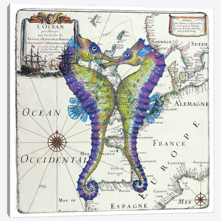 Seahorses Love Vintage Nautical Map II Canvas Print #SSI115} by Seven Sirens Studios Art Print