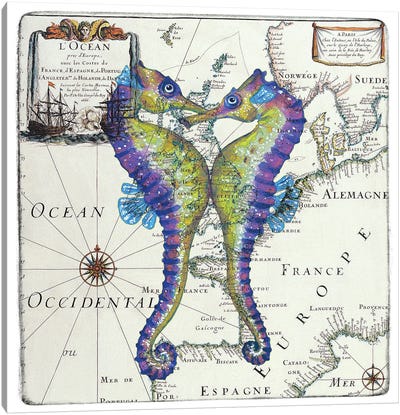 Seahorses Love Vintage Nautical Map II Canvas Art Print - Vintage Maps