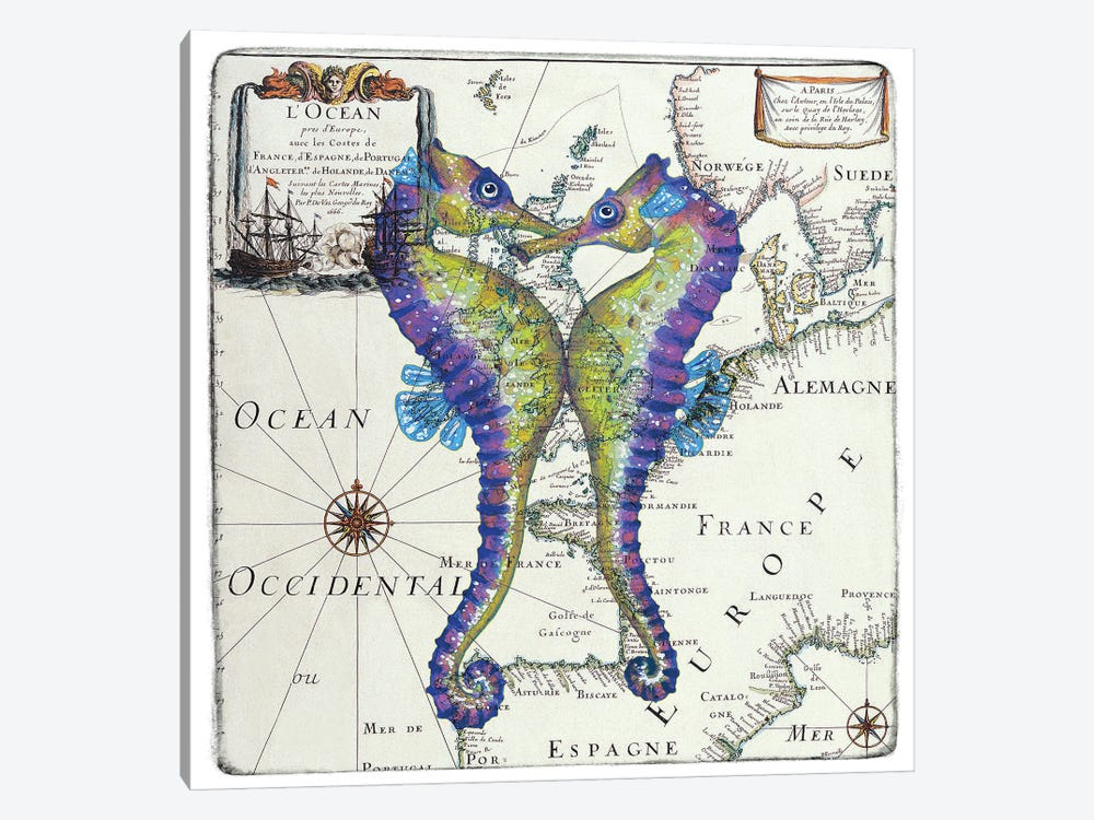 Seahorses Love Vintage Nautical Map II by Seven Sirens Studios 1-piece Canvas Print