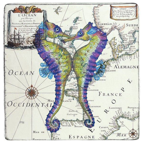 Seven Sirens Studios: Seahorses Love Vintage Nautical Map II by Seven Sirens Studios