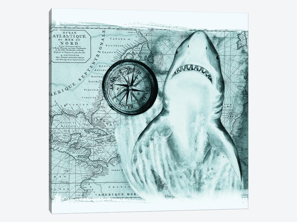 Great White Shark Compass Nautical Map Teal by Seven Sirens Studios 1-piece Canvas Print