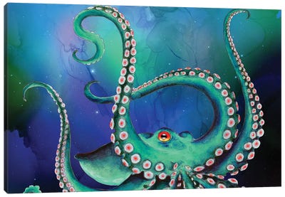 Teal Octopus Cosmic Nebula Star Canvas Art Print - Nebula Art