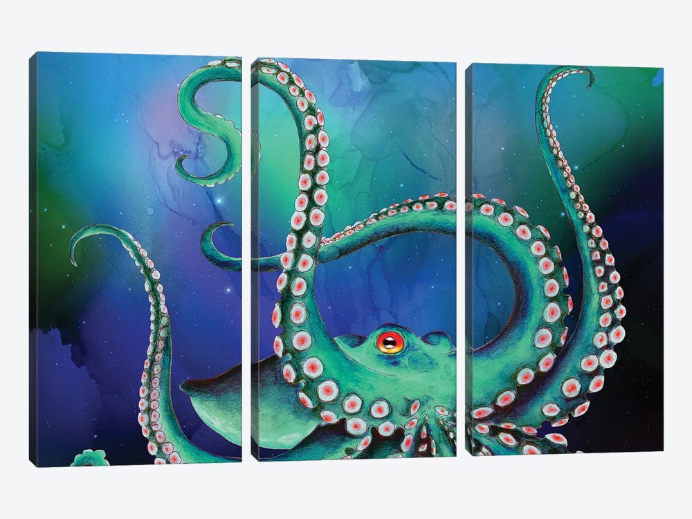 Teal Octopus Cosmic Nebula Star by Seven Sirens Studios 3-piece Canvas Wall Art