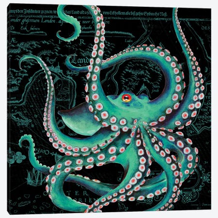Teal Octopus Dance Vintage Map Black Canvas Print #SSI119} by Seven Sirens Studios Canvas Wall Art