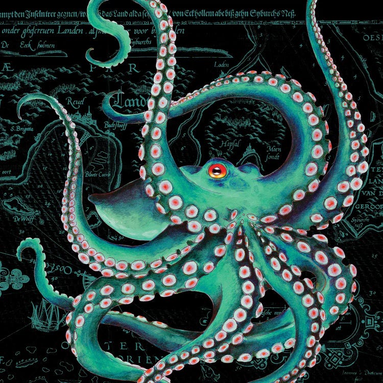 Teal Octopus Dance Vintage Map Black